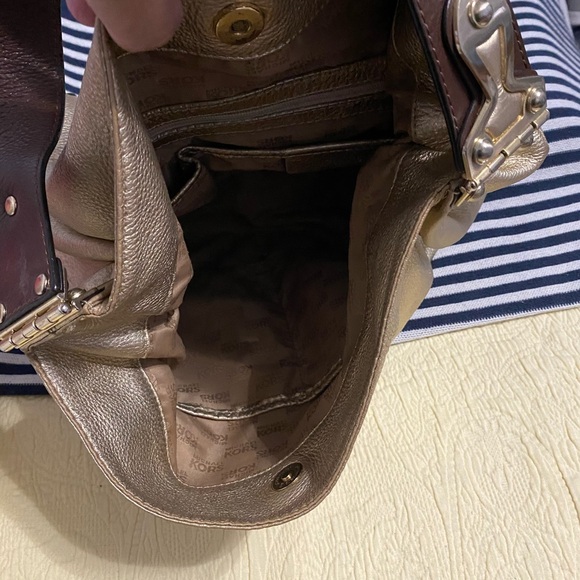 Designer MK Hobo Bag in Metallic Gold Leather Brown Accents Gold Hardware - Picture 8 of 10